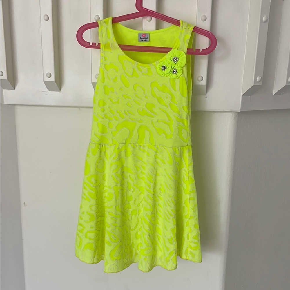 Neon Yellow Kids Dress with Floral Accent